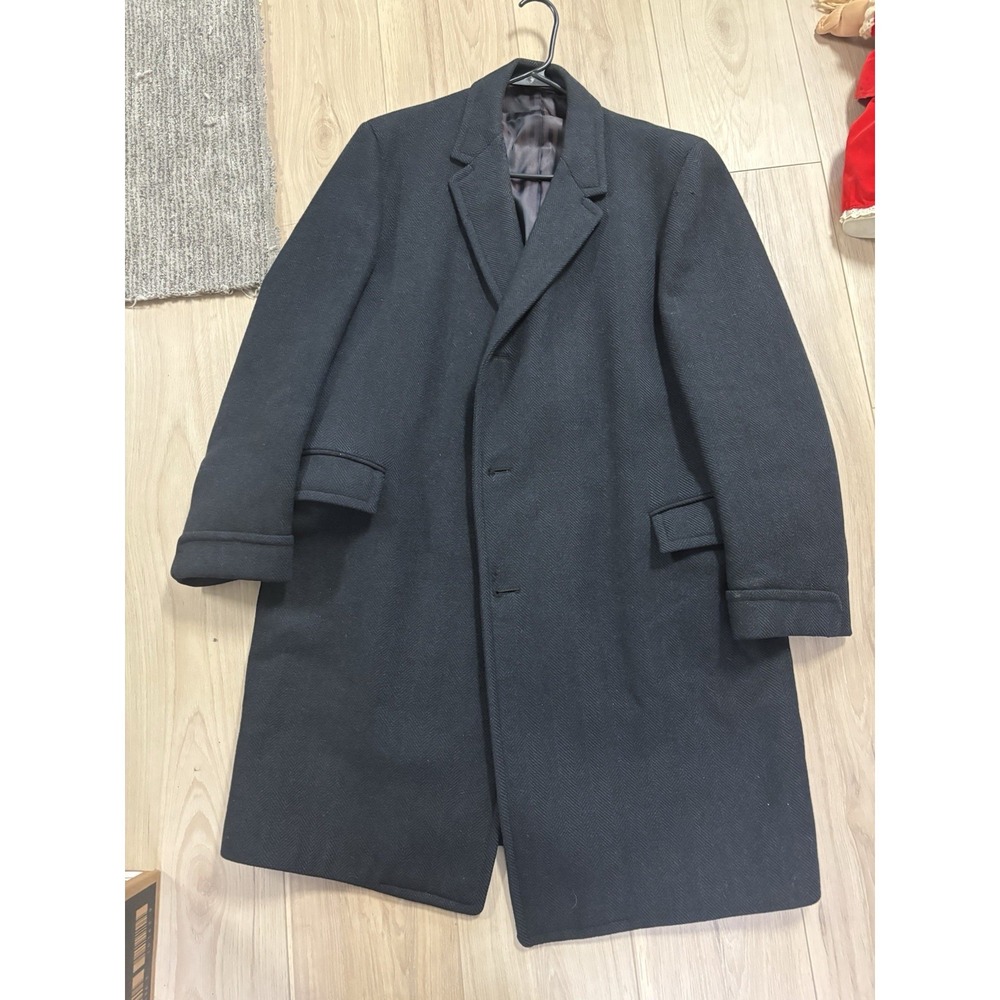 Vintage Carson Pirie Scott Wool Overcoat Mens 44R Large navy Herringbone